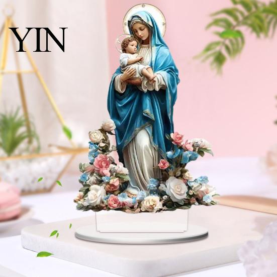 Decorative Desk Ornament Virgin And Angel Ornament, 2D Acrylic Religious with Faith Based Gift Item Base, Catholic Table Centerpiece, Christian