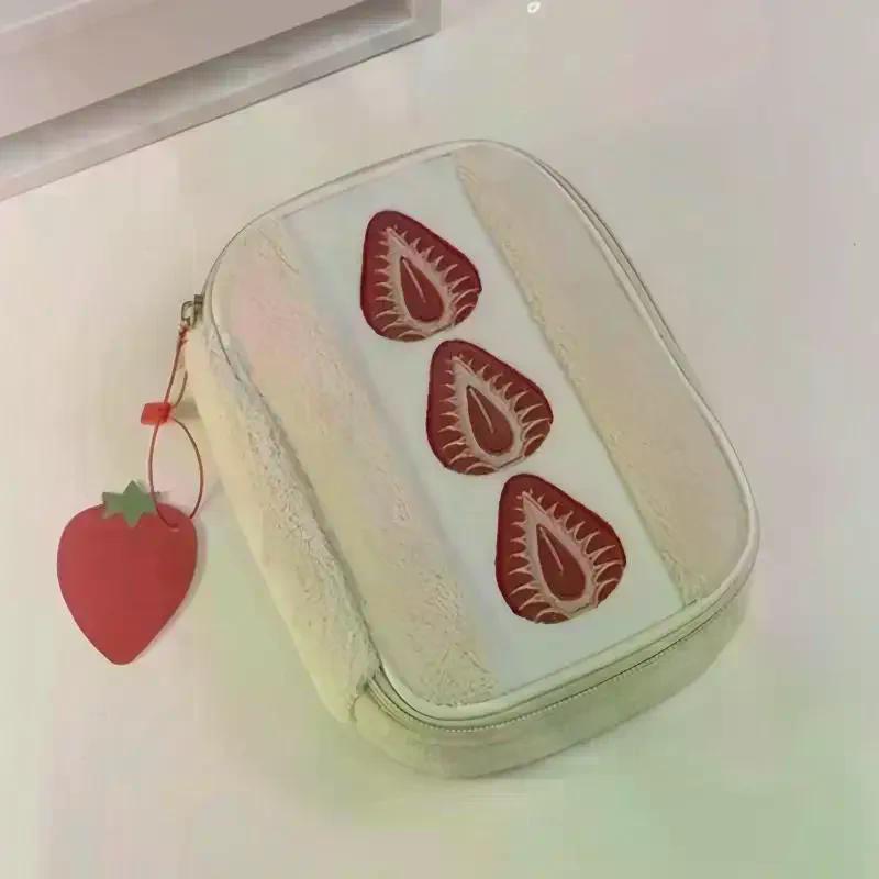Cute Embroidered Strawberry Pencil Case Portable Stationery Pen Box Multi Functional Large Capacity Makeup Bag Storage Bag