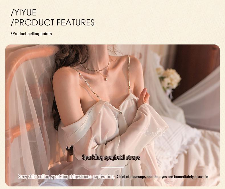 Yi Yue Women's Sexy Diamond Chain Camisole Pajamas - Erotic See-Through Chiffon Nightdress Style 8476