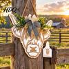 Rustic Wooden Ornament with Green Leaves Highland Cow Welcome Sign Hanging Sign Bow And Porch Decoration for Home Artificial Leaves Farmhouse Front