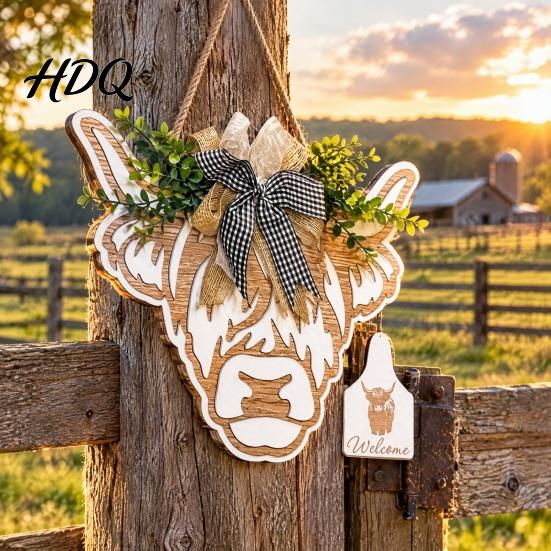 Rustic Wooden Ornament with Green Leaves Highland Cow Welcome Sign Hanging Sign Bow And Porch Decoration for Home Artificial Leaves Farmhouse Front