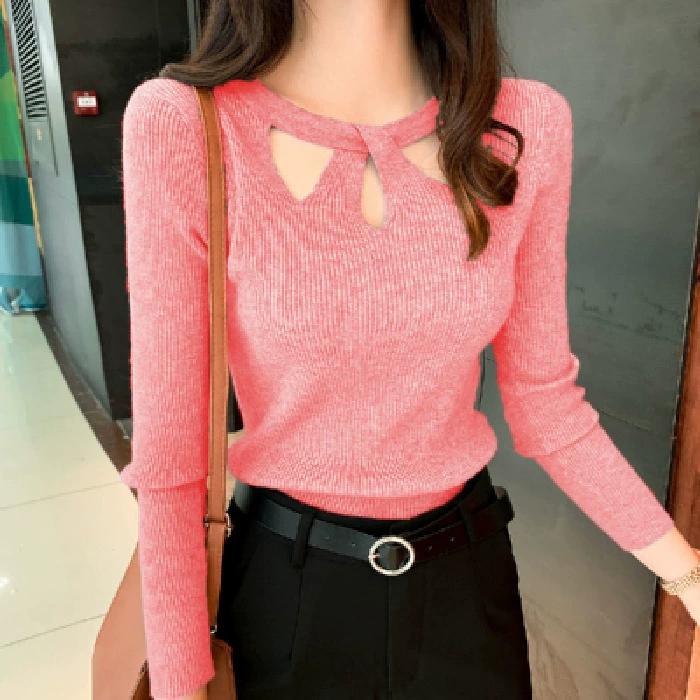Autumn and Winter Small Sexy Front Chest Hollow Out Slim Fit Base Knitted Shirt for Women, Long Sleeved Temperament Top, Women's Fashion