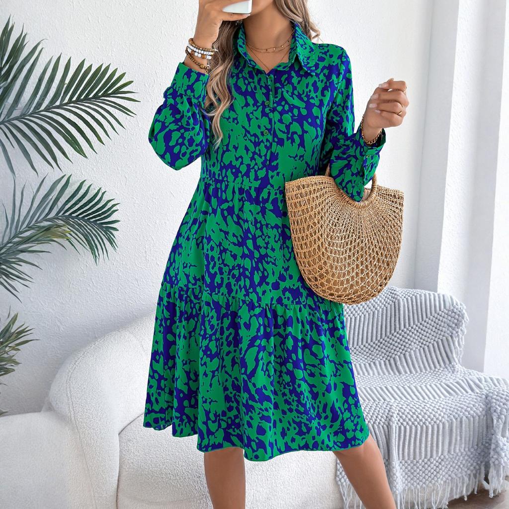 Women's Summer Fashion Printed Lapel Button Loose Long Sleeved Shirt Dress