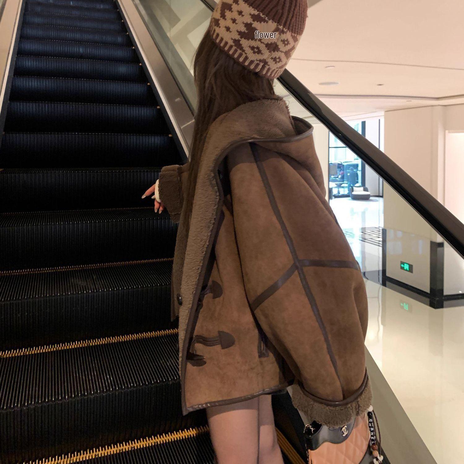 

Petite Brown Lambswool Hooded Jacket with Velvet-Lined for Winter Wear S зелений/коричневий