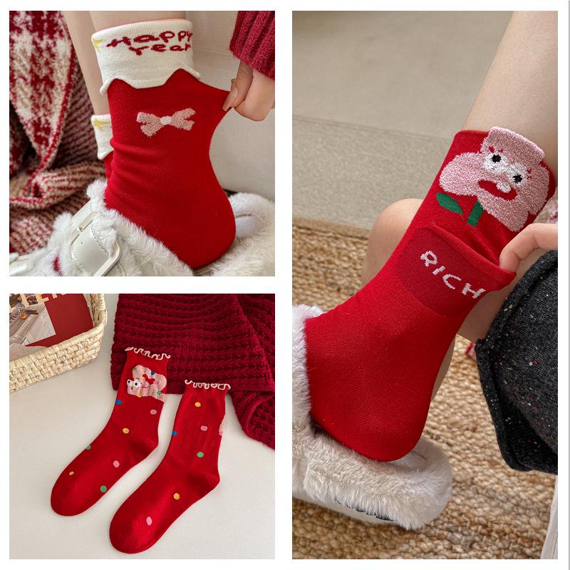 Women's Christmas Red Cartoon Mid-Calf Socks for Autumn and Winter