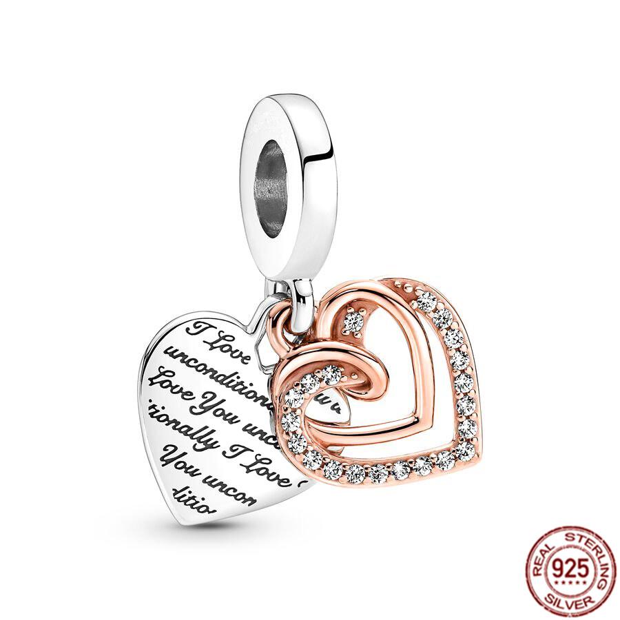 Fine S925 Sterling Silver Love You Mom Double Heart Split Dangle Charm Beads Fit Original  Bracelet DIY Women Jewelry Gift