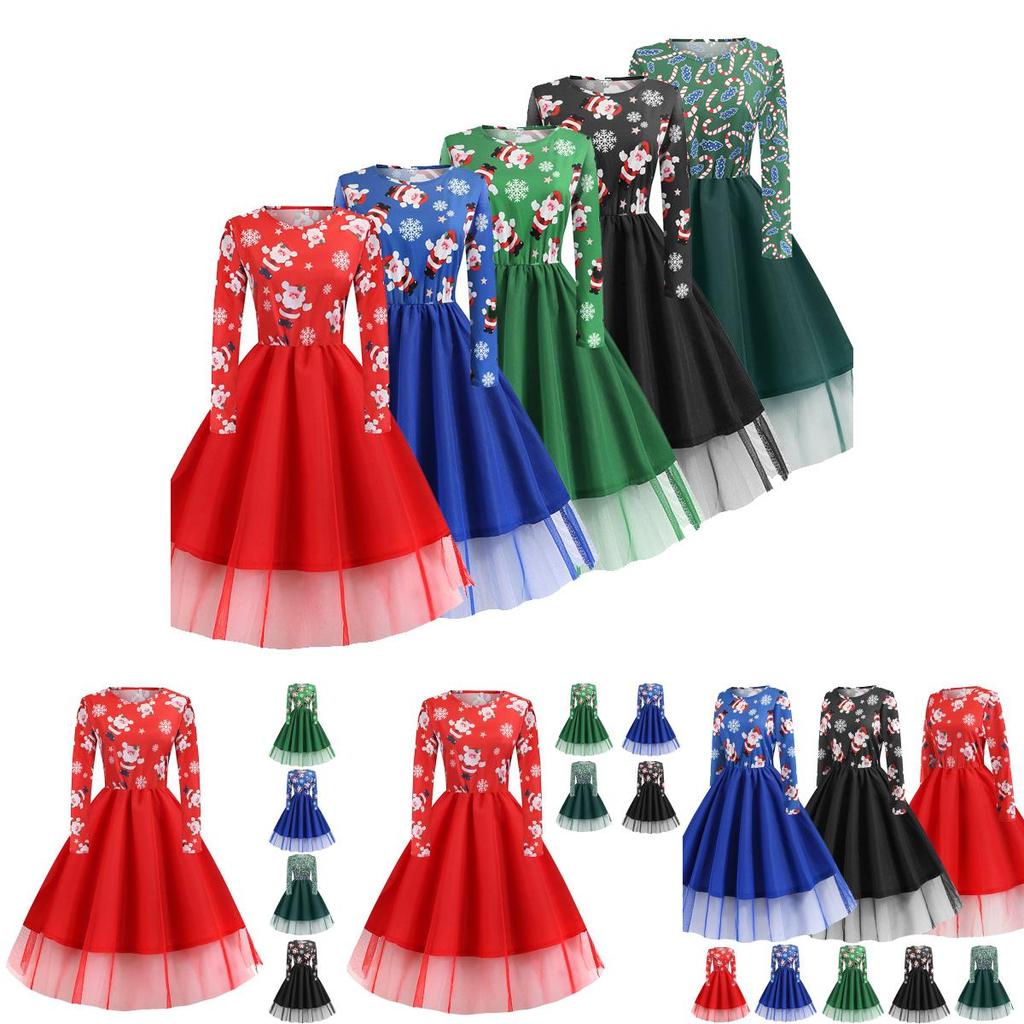 Stylish Women's Christmas Costume Midi Dress With Charming Santa Bow And Elegant A-line Design