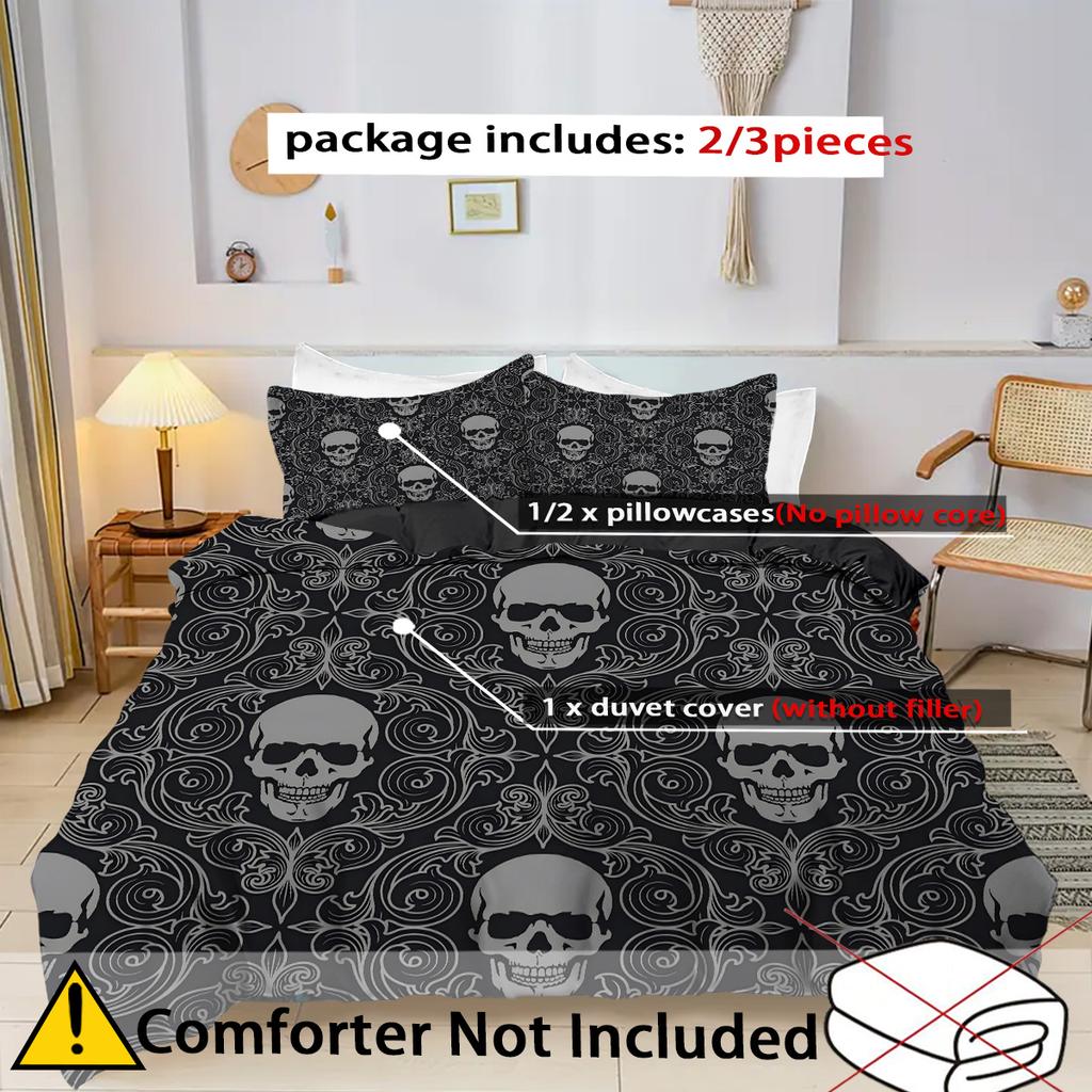 Skeleton Flower Pattern Print Duvet Cover Halloween Gothic Style Bedding Set Pillowcase Soft Comfortable Polyester Quilt Cover