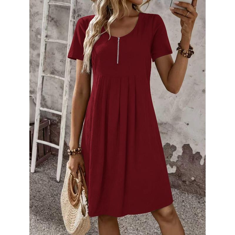 QICED Fashion Summer Spring Solid Color Print O-Neck Short Sleeve Casual Dresses