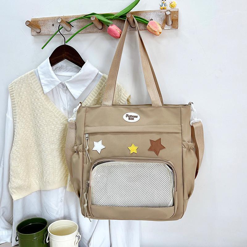 Street Style Nylon Tote Bag With Trendy Stitching Elements хаки