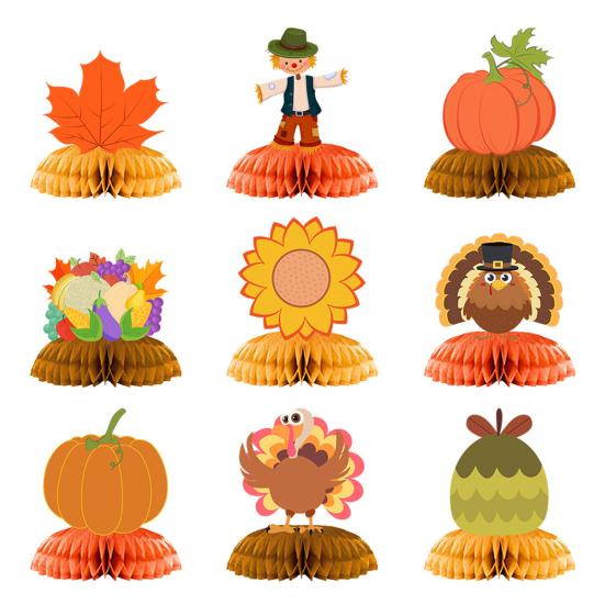 9 Pcs Fall Thanksgiving Honeycomb Decor Paper Pumpkin Maple Leaf Turkey Centerpiece 3D Honeycomb Standing Table Topper for Autumn Harvest Kitchen