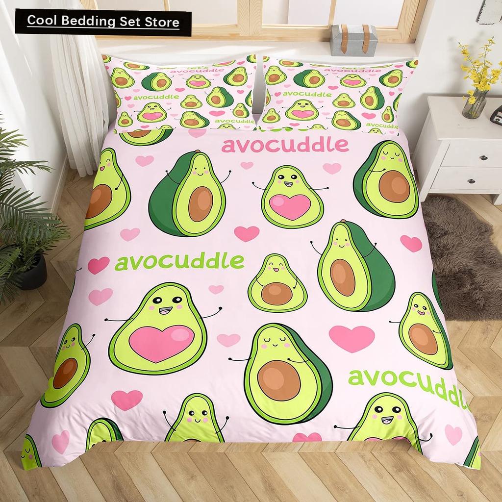Husă de pilotă verde avocado King Queen Set de lenjerie de pat cu avocado din desene animate Husă de pilota cu fructe Husă de pilotă din poliester cu plante tropicale