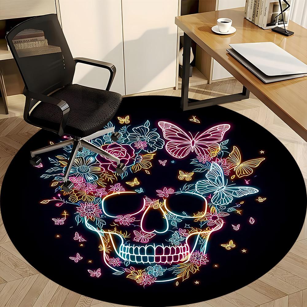 1pc Neon Skull Floral Design Chair Carpet for Office, Round Non Slip Durable Large Size Office Carpet, Suitable for Office