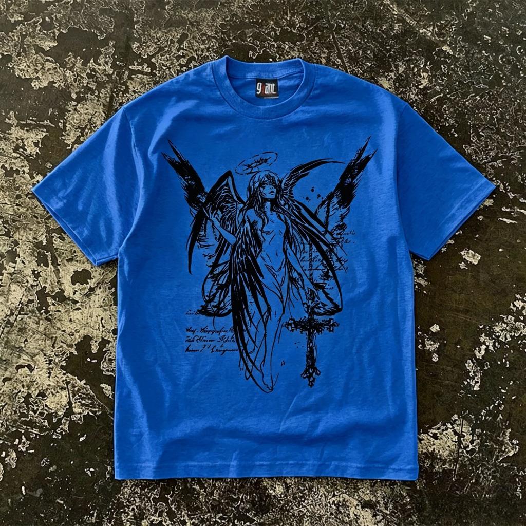 Dunkler gefallener Engel Skizze T-Shirt Gothic Kreuz Druck Y2k Grunge Ästhetik Oversized Streetwear Lässig Grau T-Shirt