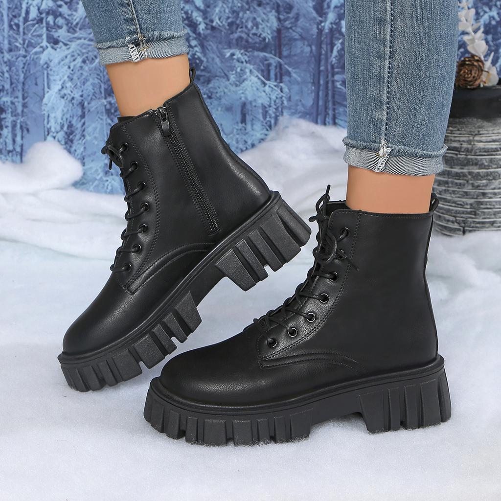 Black Chunky Platform Ankle Boots Women  Autumn Pu Leather Thick Bottom Combat Boots Woman Size Zipper Motorcycle Shoes