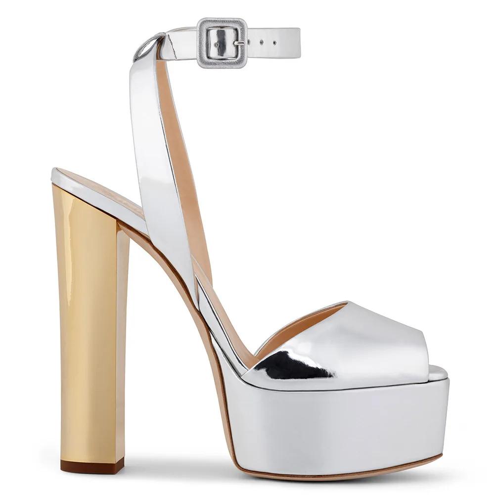 Fashion Peep Toe Platform Women Sandals Chunky Heel Patent Leather Large Size High Heels Summer Fashion Ankle Strap Shallow Sandals