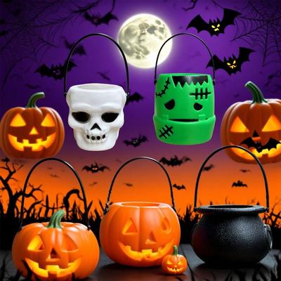 6er Set 6cm Größe Halloween Kürbisglas Dreieckige Augen Mini Korb Kürbislaterne mit Deckel Süßes oder Saures Eimer Süßigkeitenhalter