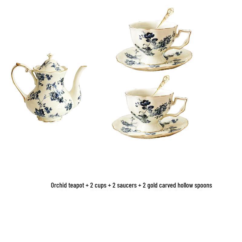 French Retro Blue & White Ceramic Tea Set: Cup, Saucer, Teapot for Elegant Afternoon Tea