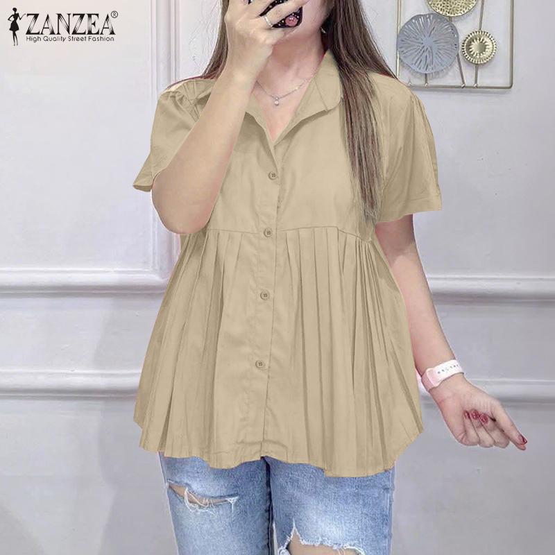 ZANZEA Women Turn Down Collar Summer Casual Short Sleeve Blouse