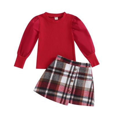 Girls Skirt Outfits Lantern Sleeve Knit Top and Plaid Mini Skirt Set 2 Piece Autumn Clothes for Party