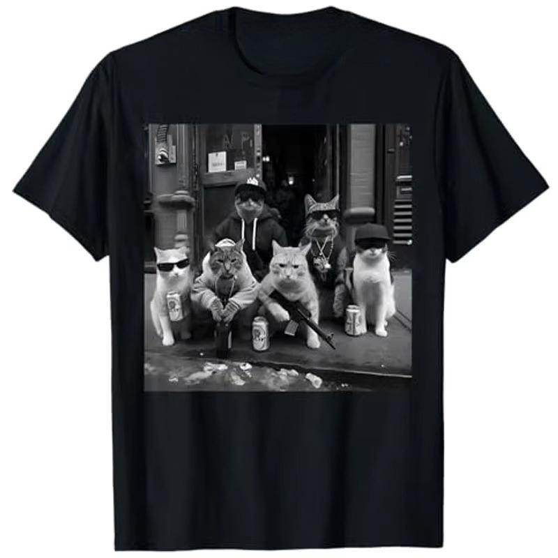 Funny Gangster Cats Street Y2k Design T-Shirt Humorous Kitty Gang Graphic Outfit Cat Dad Mom Novelty Daily Wear Cool Top 4XL