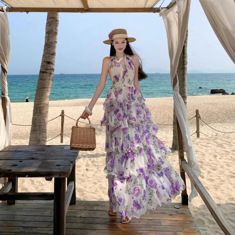 Hainan Sanya French seaside vacation wind beach dress neck chiffon cake long dress women s V-neck dress S