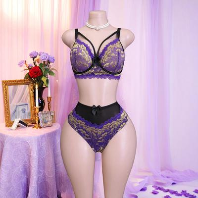 Großgröße Lila Spitzen Push-up BH & Höschen Set mit Schleife - Sexy Europäische & Amerikanische Dessous