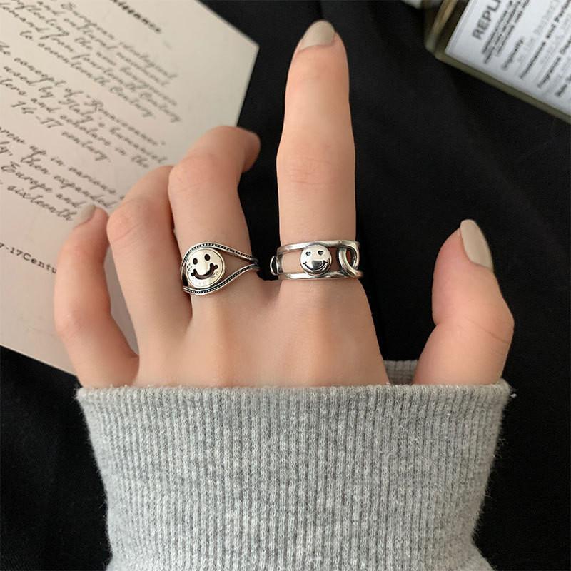 Trendy And Chic Smiley Face Ring In Retro Style 925 Silver Adjustable Jewelry For Women Girls And