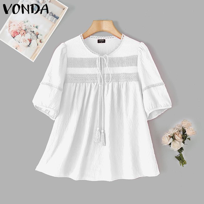 VONDA Women Summer Bow Kont Round Neck Lace Crochet Patchwork Casual Ruffled Blouse