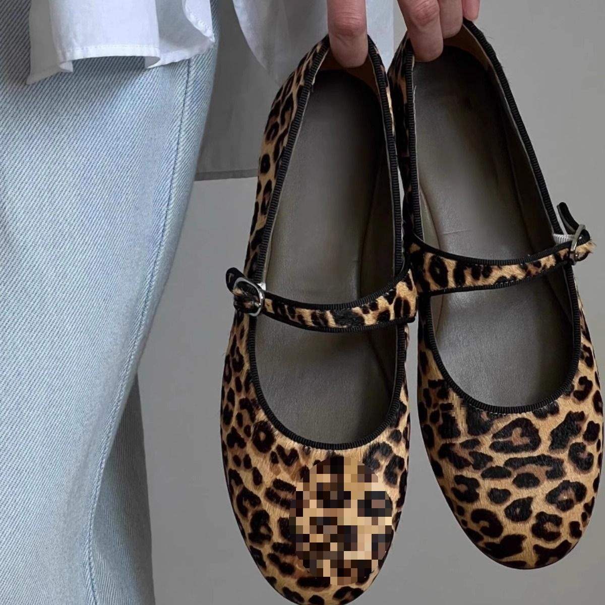 

MKWQ retro ballet 2025 autumn new round head flat bottom leopard print one word shallow mouth Mary single shoes rare shoes 40