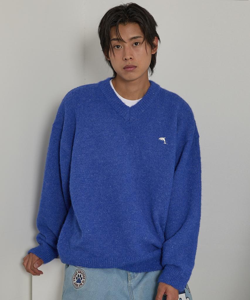 WAIKEI Dolphin Hairy V-Neck Knit Blue