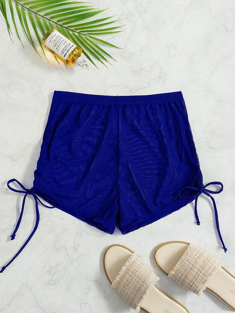 High-Waisted Solid Color Mesh Bikini Swim Bottoms - 2023 European and American Style