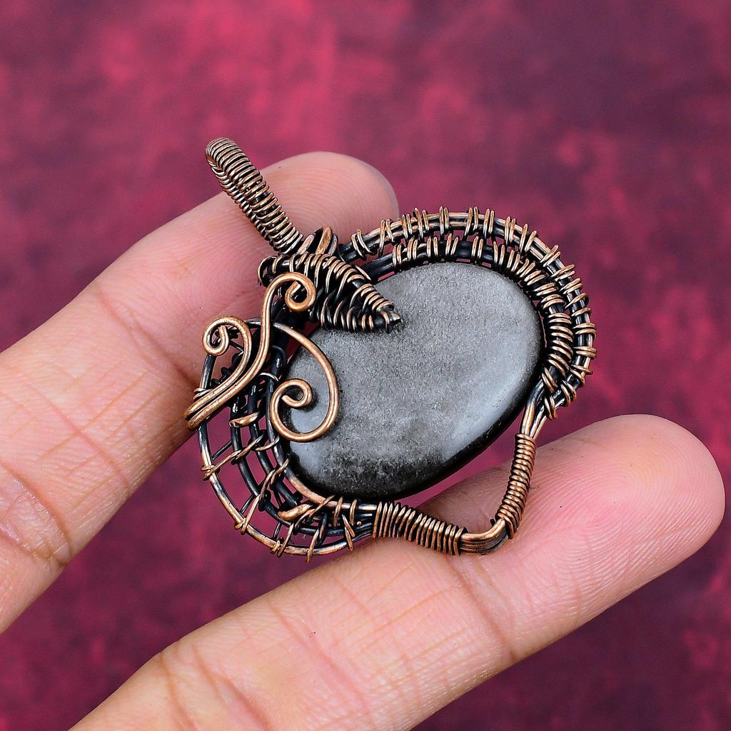 Silver Sheen Obsidian Pendant Copper Wire Wrapped Unique Jewelry Gemstone Pendant