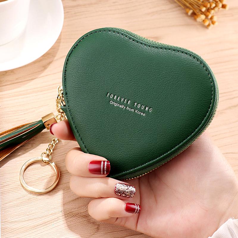 New Fashion Heart Shaped PU Leather Coin Purse Women Tassels Zipper Wallet Key Holder Bank Card Coin Bag Girls Mini Handbag