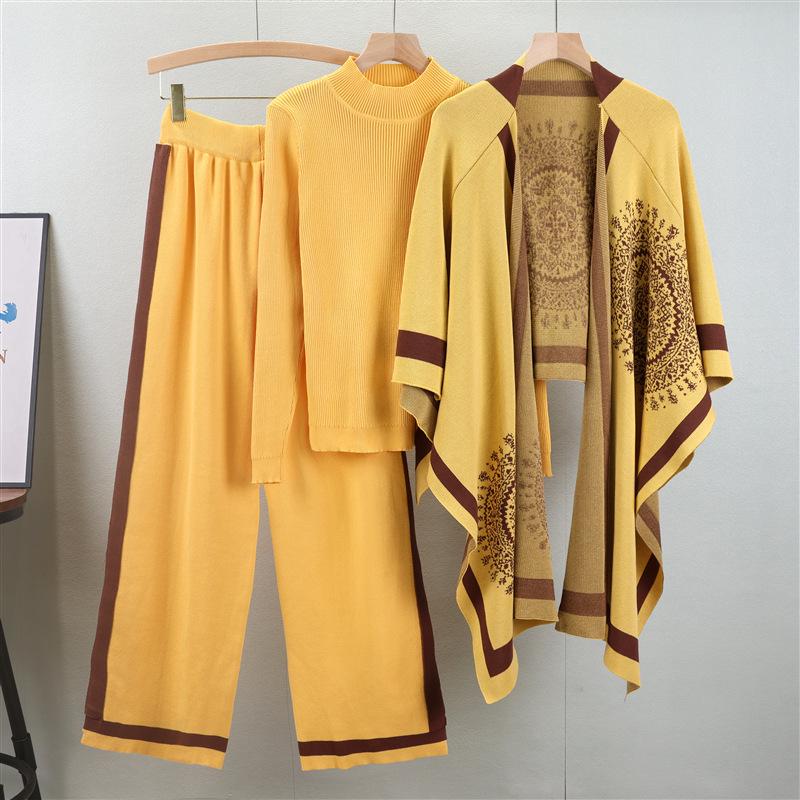 Women's Autumn Casual Three-Piece Set: Knitted Cardigan, Shawl Cape, Wide-Leg Pants