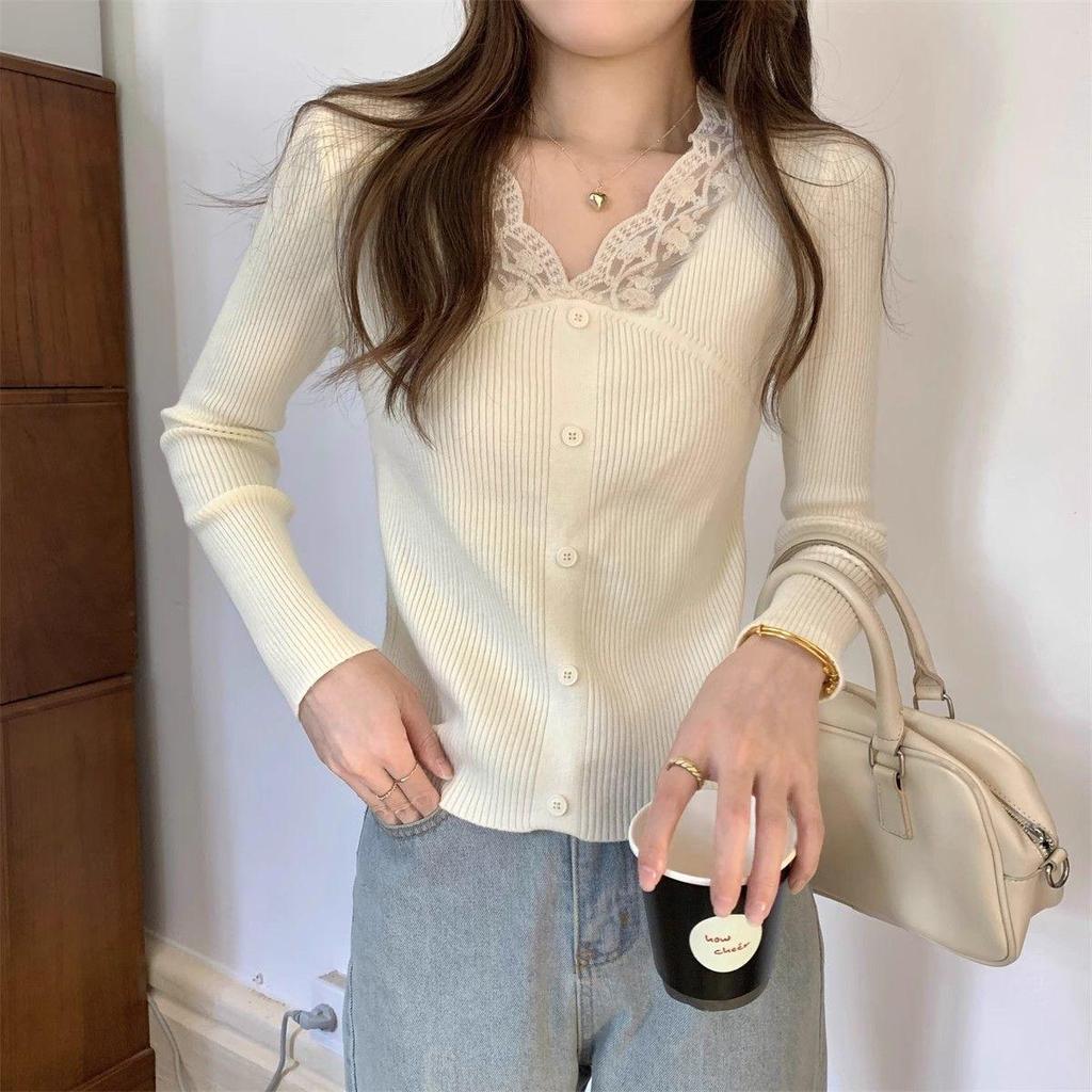 2025 Spring/Autumn Fashion Lace Patchwork Slim Fit Long Sleeve Knit Top