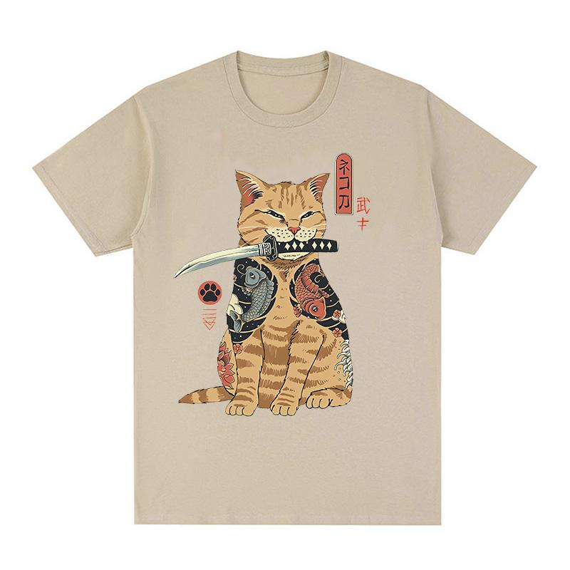 Funny Cotton Japanese Samurai Cat T Shirt Lover T Shirts Cat T-Shirts Retro Casual Short Sleeve Tshirt Unisex Women Clothes