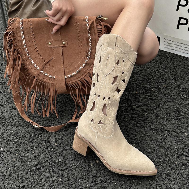 Popular mid-tube hollow boots women's summer knight boots 2025 boots suitable for summer wear cowboy boots cool boots