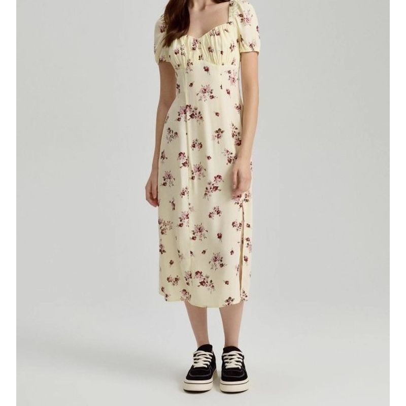 

Foreign Trade Order Summer Slimming Exquisite Print Short sleeve Personality Split Slimming Fashion Personality Elegant Leisure Dress Light yellow M