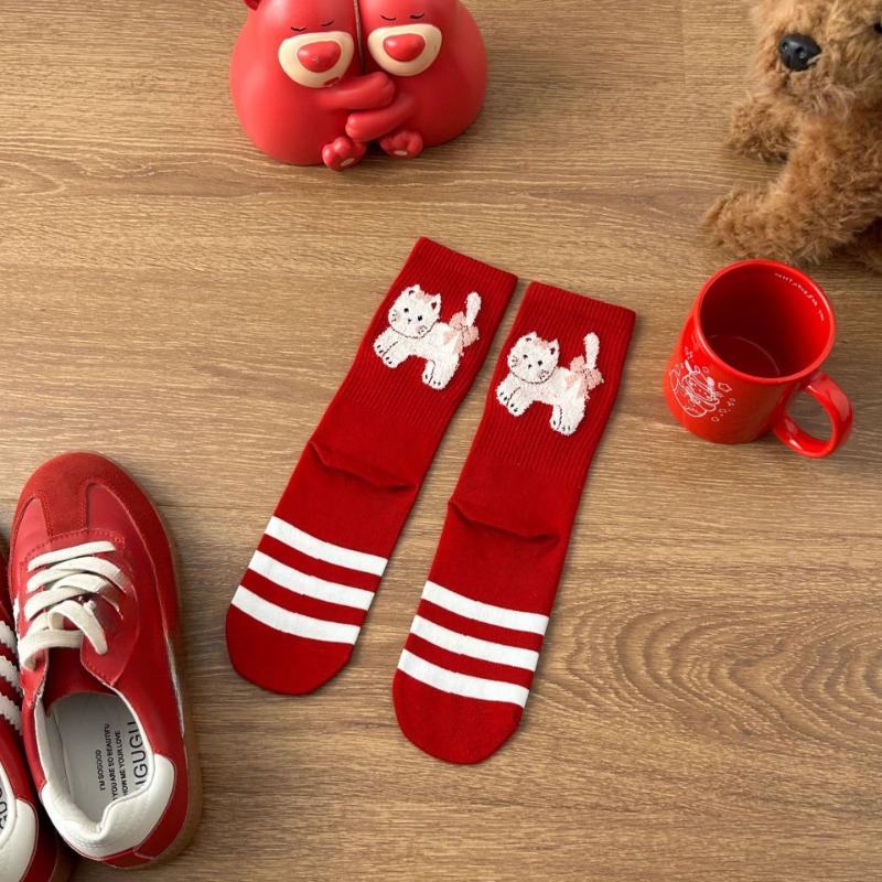 Big Red Socks Cartoon Middle Tube Peace, Joy, Wedding Good Luck Socks Gift Red Socks