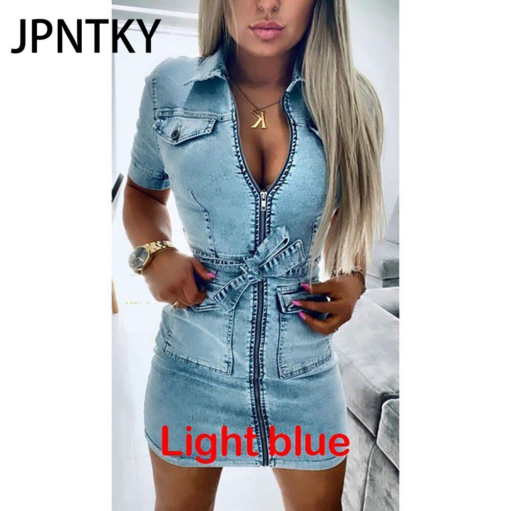 JPNTKY Women's Fashion Short Sleeve Zip Up Denim Dress Summer Spring