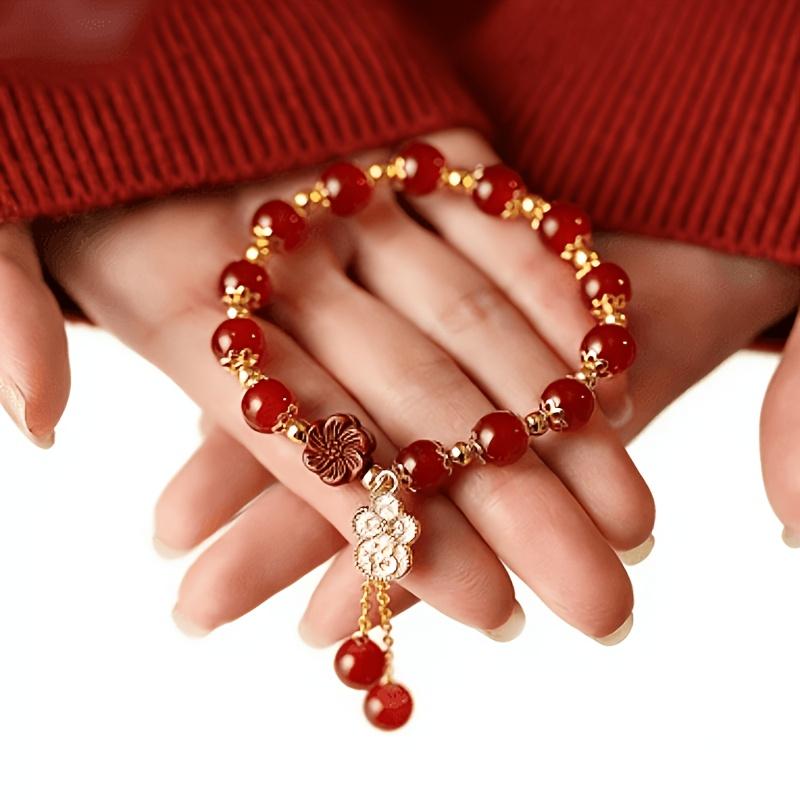 1pc Women's Stackable Red Agate Beaded Bracelet with Lucky Four-Leaf Clover Plum Blossom Pendant, Golden Tassel