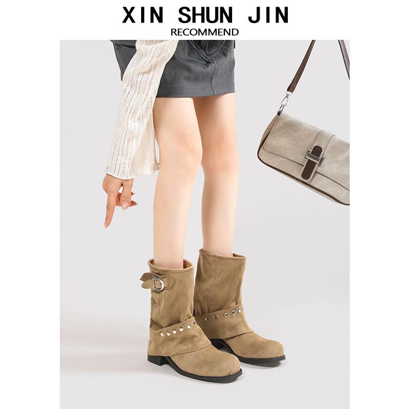 Spice Girls Pants Boots Women's 2025 Rivet Pleated Pile Boots Black Western Cowboy Boots Short Belt Buckle Martin Boots