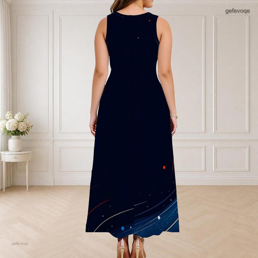 Women Plus Size Round Neck Triple Keyhole Cutout Sleeveless Printed Red Blue White Long Dress