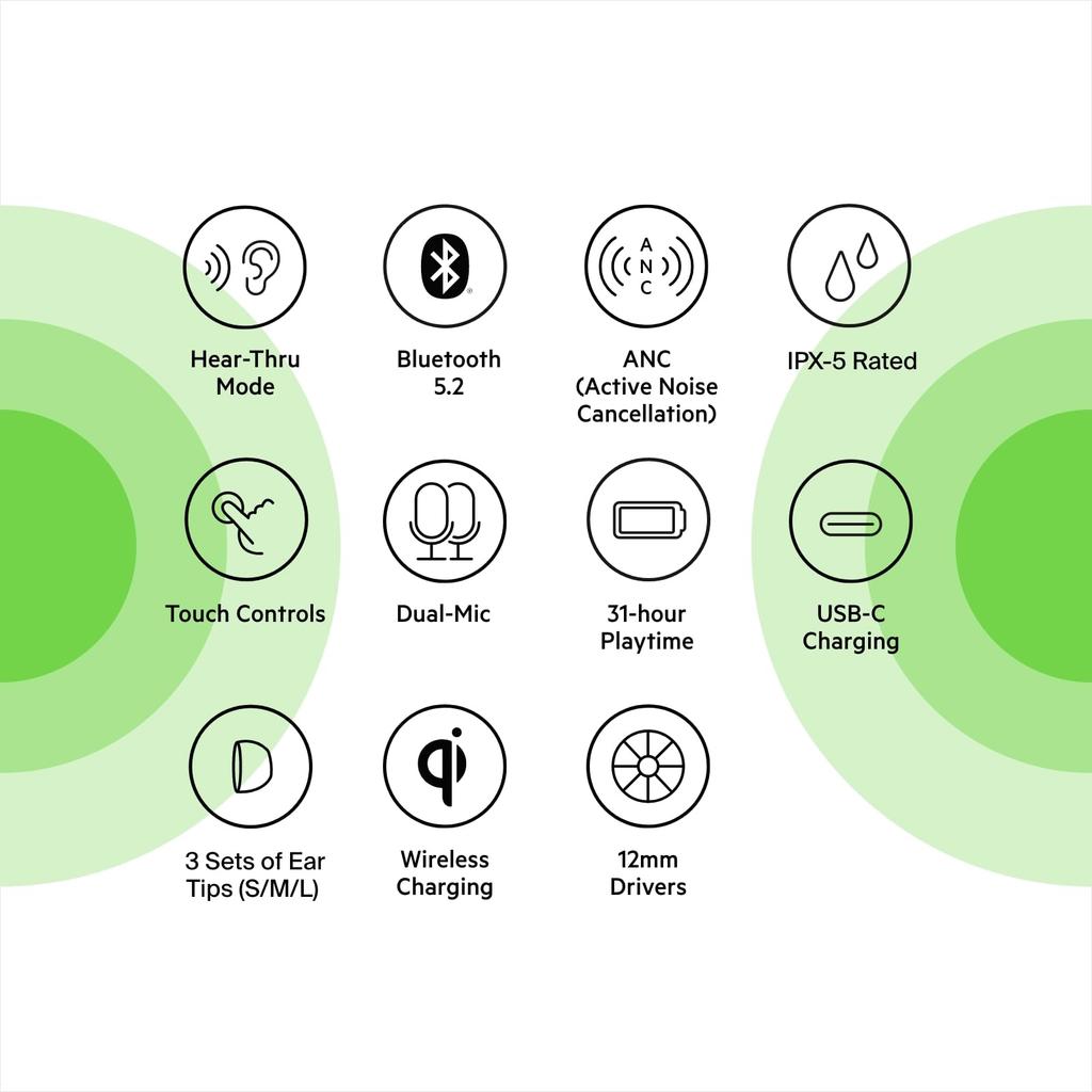 Belkin SOUNDFORM Flow True Wireless Earbuds with Bluetooth 12mm Ambient Sound Call Noise Up to 31 Hours of Music Qi Wireless Black ANC, 5.2, Drivers,