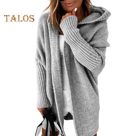 Women Sweater Coat Hooded Long Sleeve Ribbed Cuffs Open Front Knitting Coat Solid Color Mid-length Sweater Cardigan