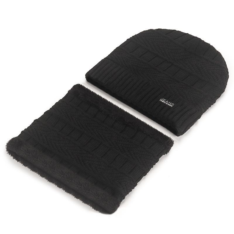 Men's Thick Knit Two-Piece Hat and Scarf Set – Warm Plus Velvet, Ear Protection for Outdoor Sports and Cycling