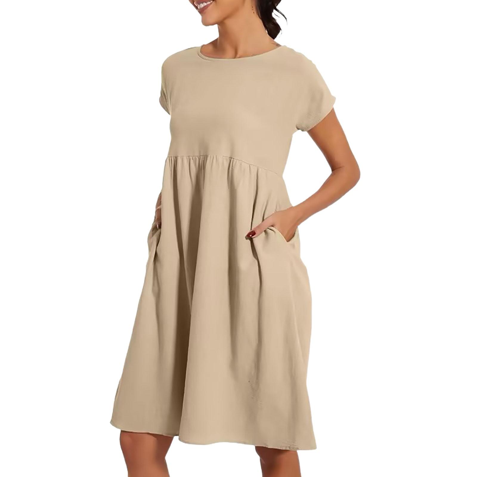 Женское однотонное повседневное платье из хлопка и льна с коротким рукавом и круглым — фото 9