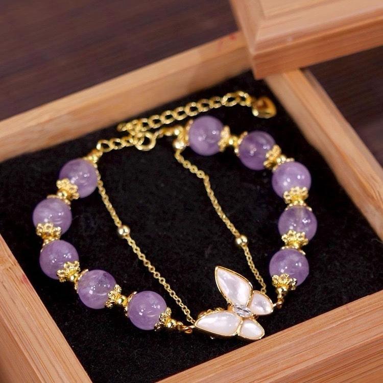 Niche Light Luxury Natural Amethyst Freshwater Pearl Bracelet Beaded Can Be Stacked High-end Butterfly Double-layer Jewelry Women