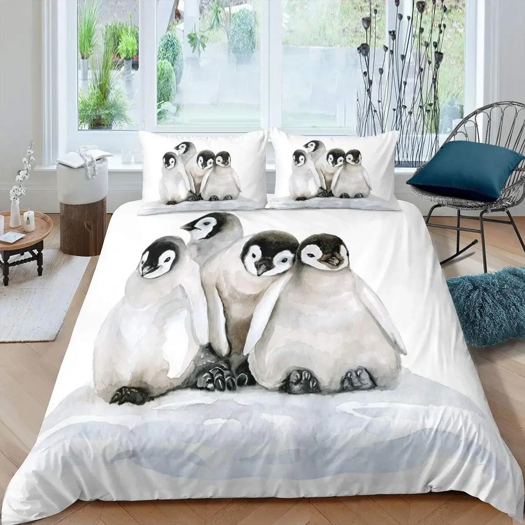 Penguin Duvet Cover Set Antarctic Animals Bedding Set for Kids Boys Girls Cartoon Style King Size Winter Theme Comforter Cover